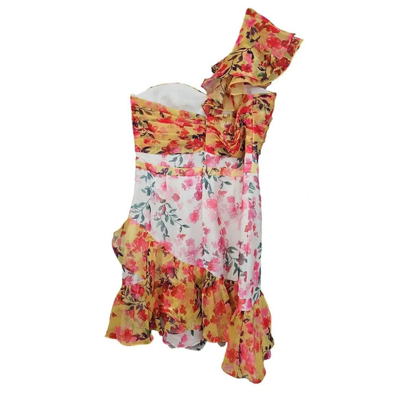 Marchesa Notte Colorblock Floral One-Shoulder Twisted Ruffle Dress Ivory Size 16 - Picture 8 of 13